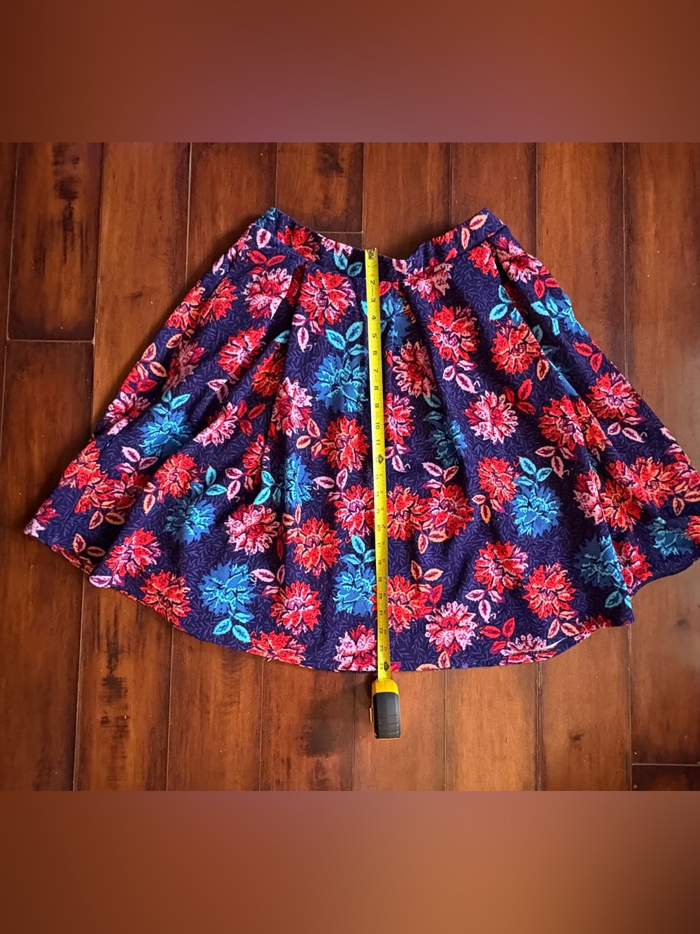 LuLaRoe Navy Knee Length Skirt with Red & Teal Floral Print
